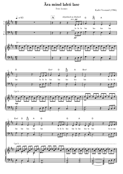 Kadri Voorand / Triin Soomets "Ära mind lahti lase / Hold On To Me" SATB Mixed Choir klaviir / piano score 1lk pilt / 1 page image